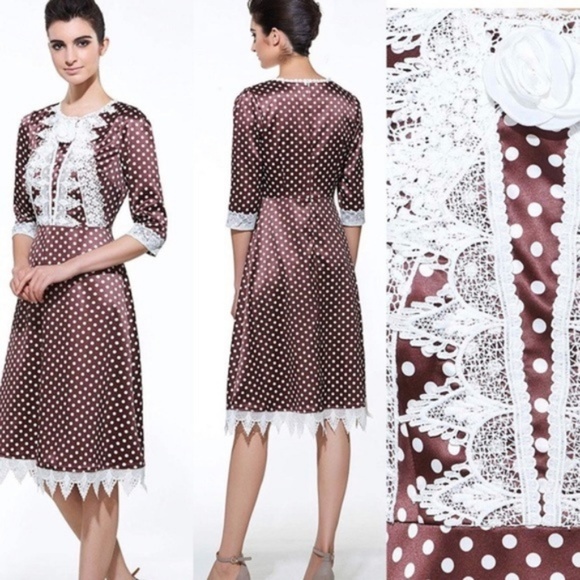 PinUp Satin Brown White Polka Dot Rockabilly Dress - Picture 2 of 8